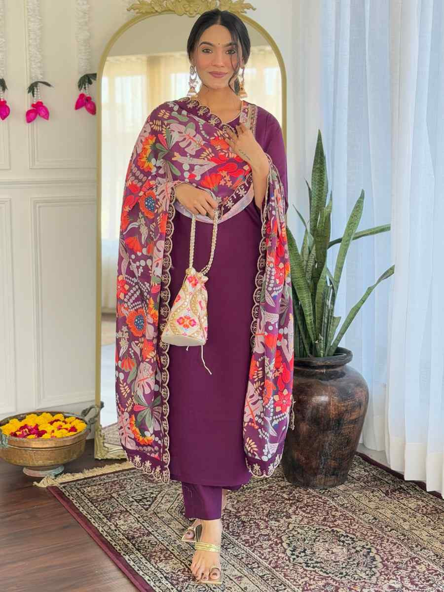 Purple Viscose Chanderi Embroidery Party Wedding Festival Casual Ready Pant Salwar Kameez