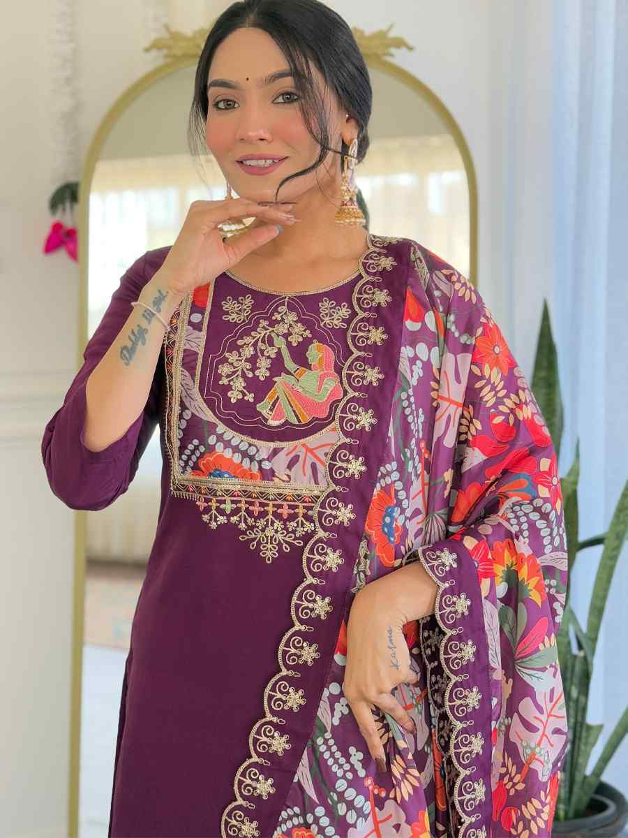 Purple Viscose Chanderi Embroidery Party Wedding Festival Casual Ready Pant Salwar Kameez