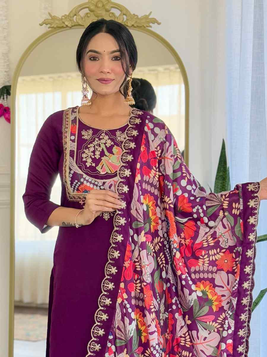 Purple Viscose Chanderi Embroidery Party Wedding Festival Casual Ready Pant Salwar Kameez