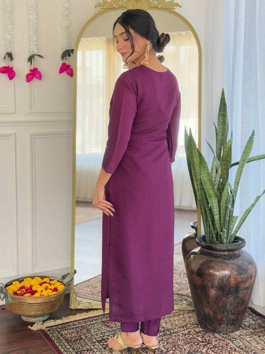 Purple Viscose Chanderi Embroidery Party Wedding Festival Casual Ready Pant Salwar Kameez
