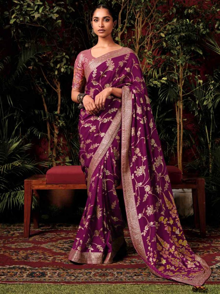 Purple Viscose Dola Handwoven Wedding Festival Heavy Border Saree