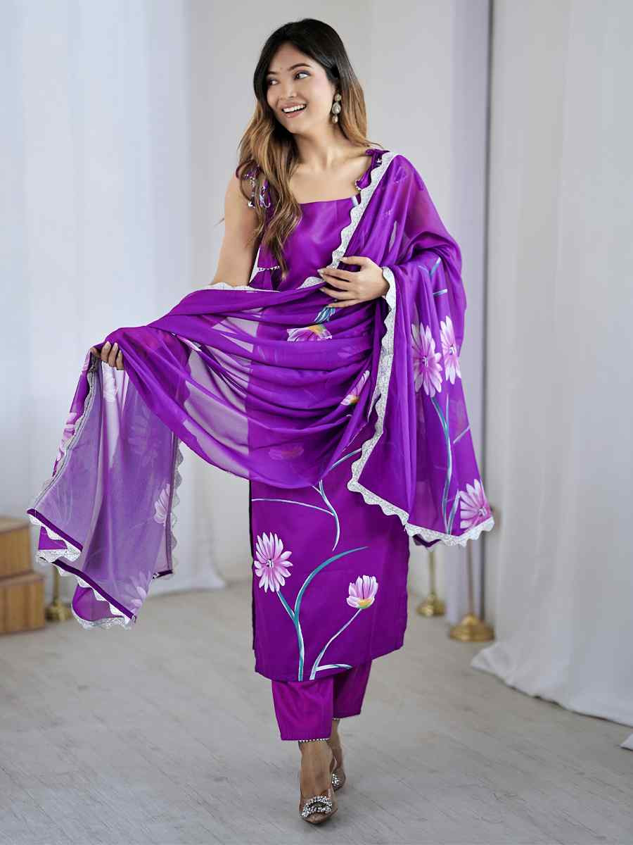 Purple Viscose Embroidered Festival Casual Ready Pant Salwar Kameez