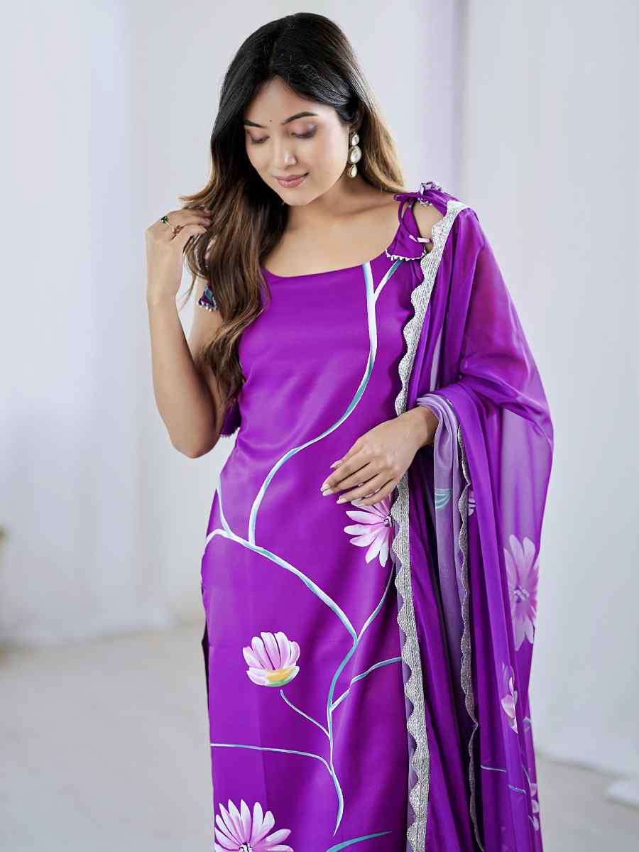 Purple Viscose Embroidered Festival Casual Ready Pant Salwar Kameez