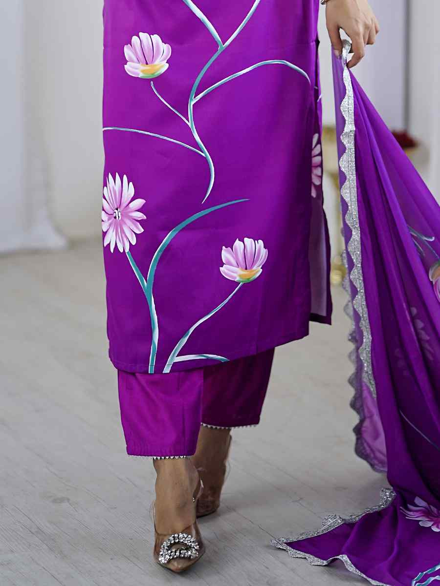 Purple Viscose Embroidered Festival Casual Ready Pant Salwar Kameez