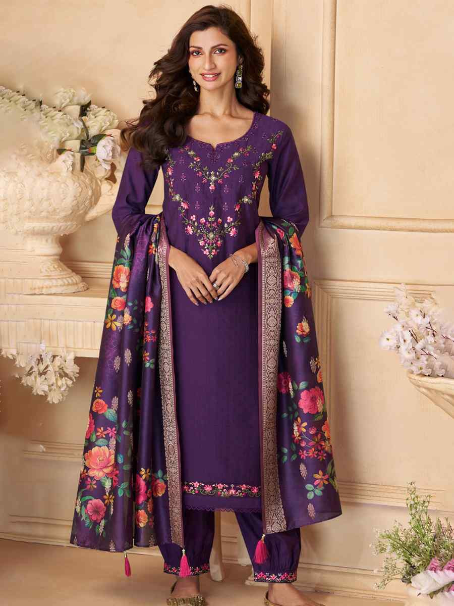 Purple Viscose Embroidered Festival Mehendi Ready Afghani Pant Salwar Kameez