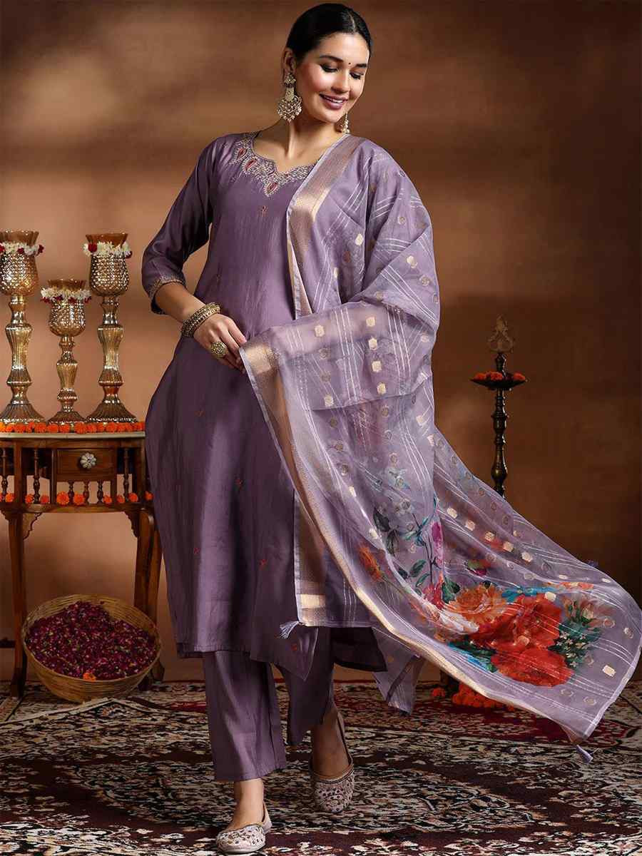 Purple Viscose Embroidered Party Wedding Ready Pant Salwar Kameez