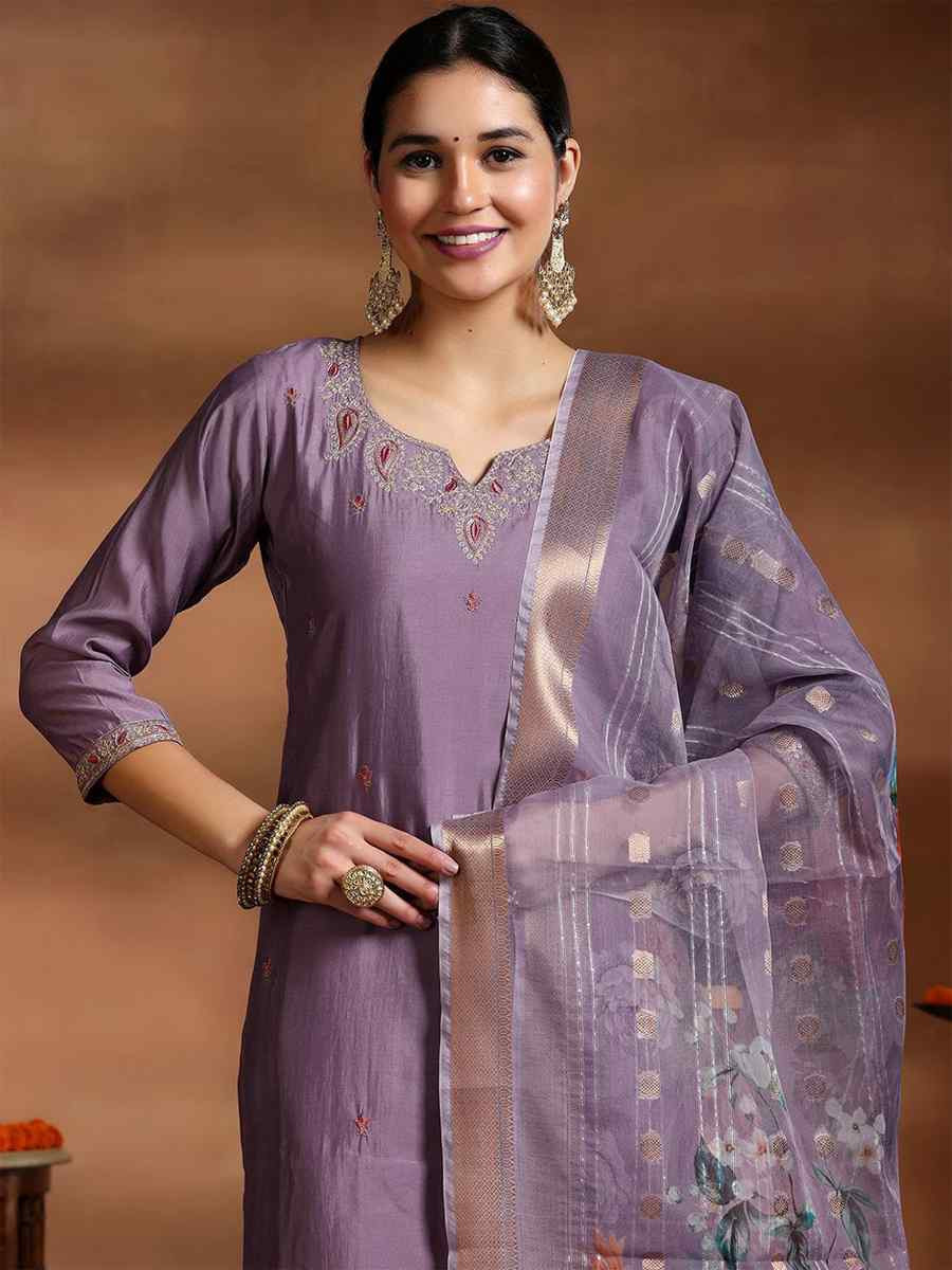 Purple Viscose Embroidered Party Wedding Ready Pant Salwar Kameez