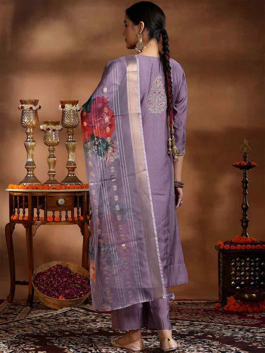 Purple Viscose Embroidered Party Wedding Ready Pant Salwar Kameez