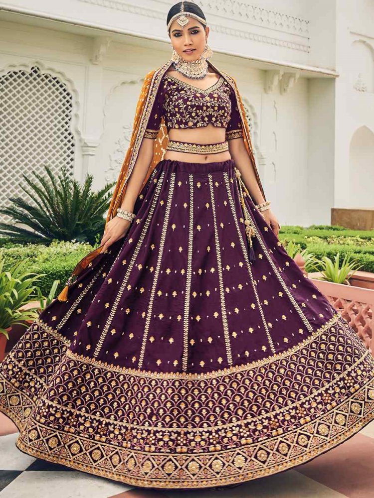 Purple Viscose Embroidered Reception Party Wear Heavy Border Lehenga Choli
