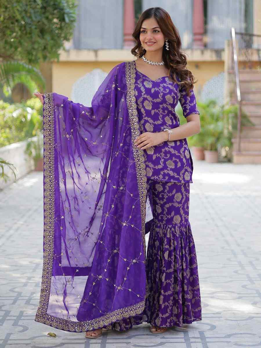 Purple Viscose Georgette Jacquard Embroidered Festival Casual Ready Sharara Pant Salwar Kameez