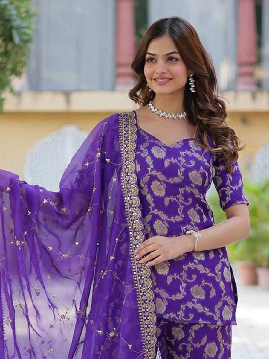 Purple Viscose Georgette Jacquard Embroidered Festival Casual Ready Sharara Pant Salwar Kameez