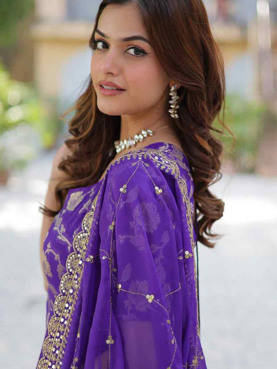 Purple Viscose Georgette Jacquard Embroidered Festival Casual Ready Sharara Pant Salwar Kameez