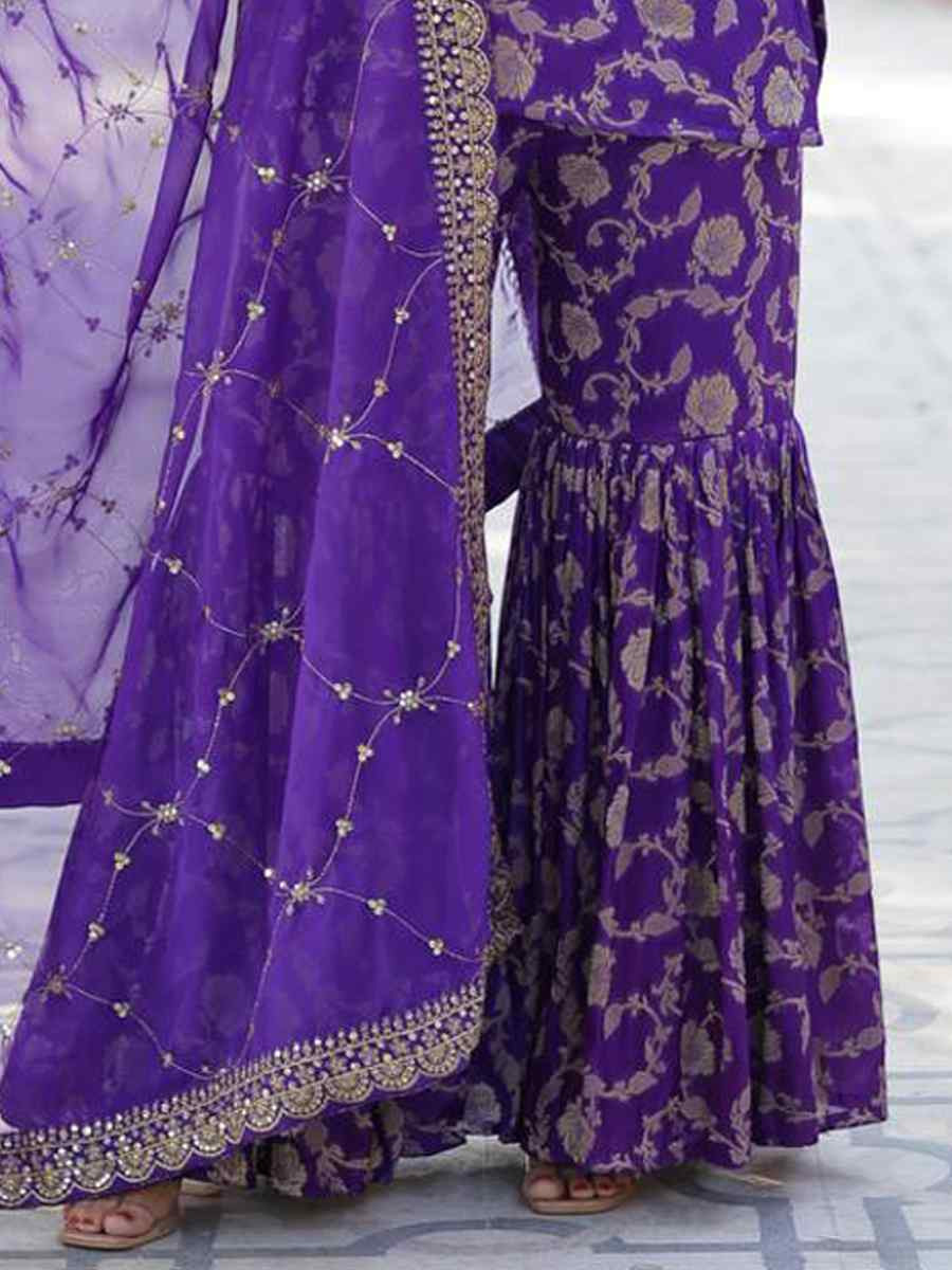 Purple Viscose Georgette Jacquard Embroidered Festival Casual Ready Sharara Pant Salwar Kameez
