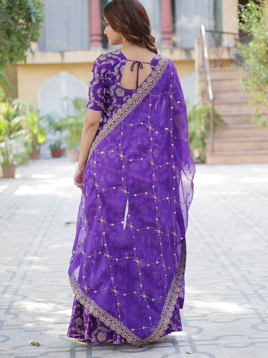 Purple Viscose Georgette Jacquard Embroidered Festival Casual Ready Sharara Pant Salwar Kameez