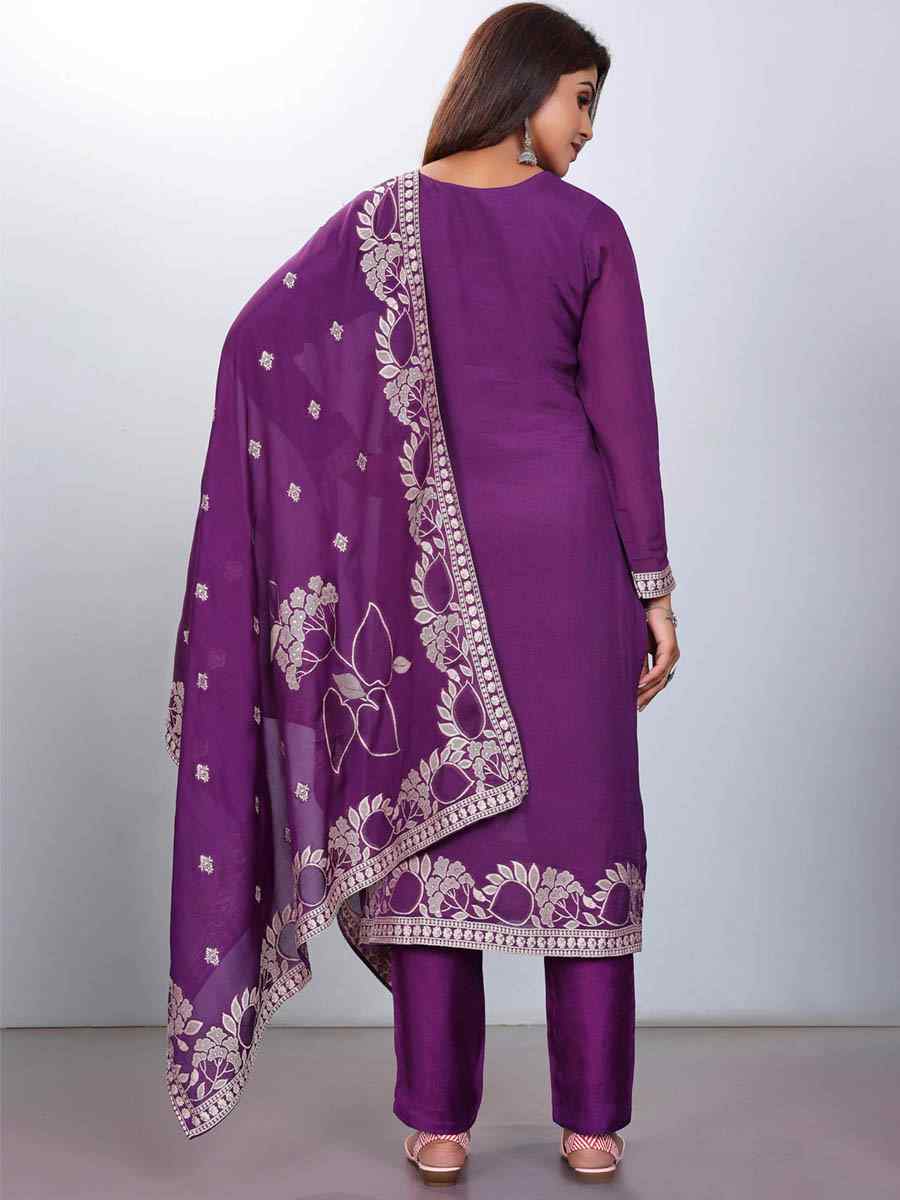 Purple Viscose Jacquard Embroidered Festival Casual Ready Pant Salwar Kameez