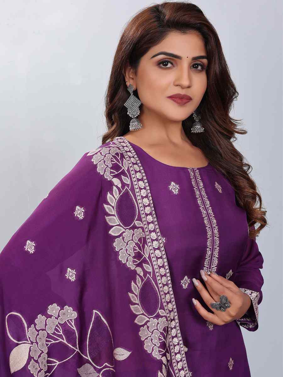 Purple Viscose Jacquard Embroidered Festival Casual Ready Pant Salwar Kameez