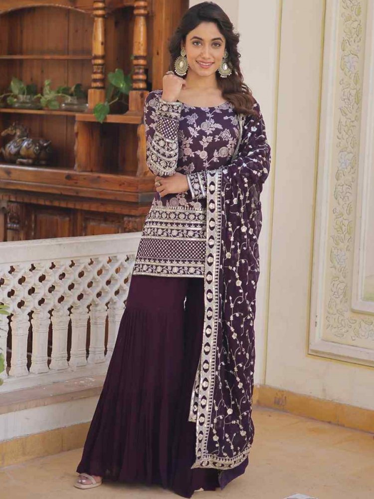 Purple Viscose Jacquard Embroidered Festival Mehendi Ready Sharara Pant Salwar Kameez