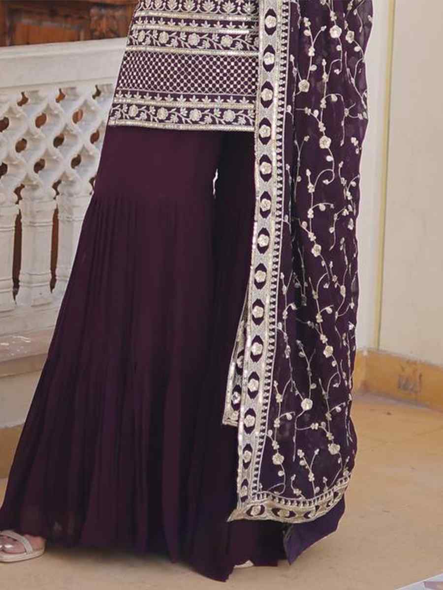 Purple Viscose Jacquard Embroidered Festival Mehendi Ready Sharara Pant Salwar Kameez