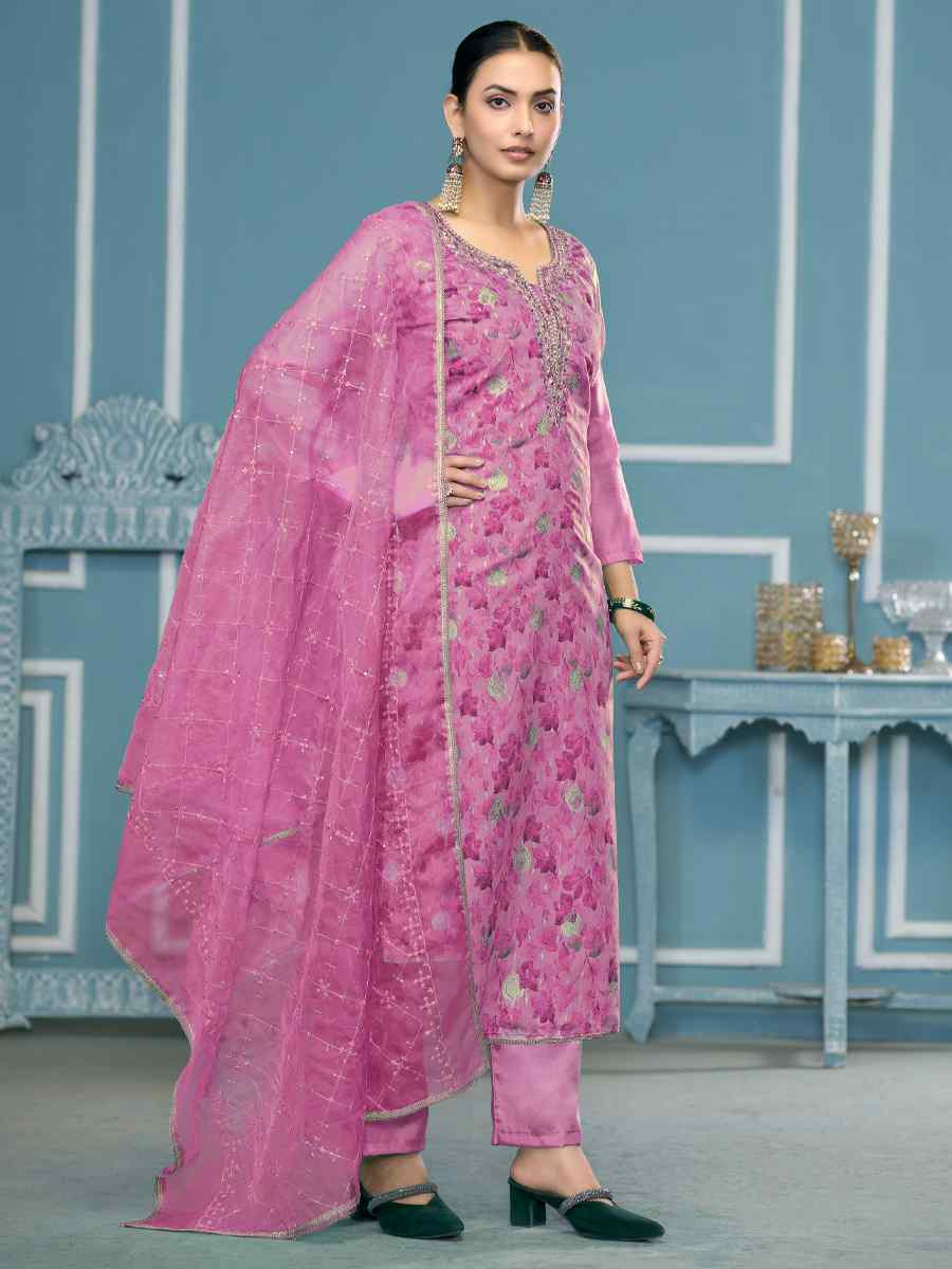 Purple Viscose Organza Embroidered Wedding Festival Pant Salwar Kameez