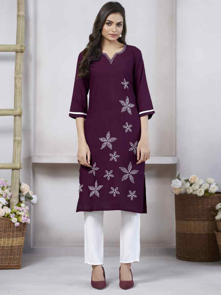 Purple Viscose Rayon Embroidered Festival Casual Kurti