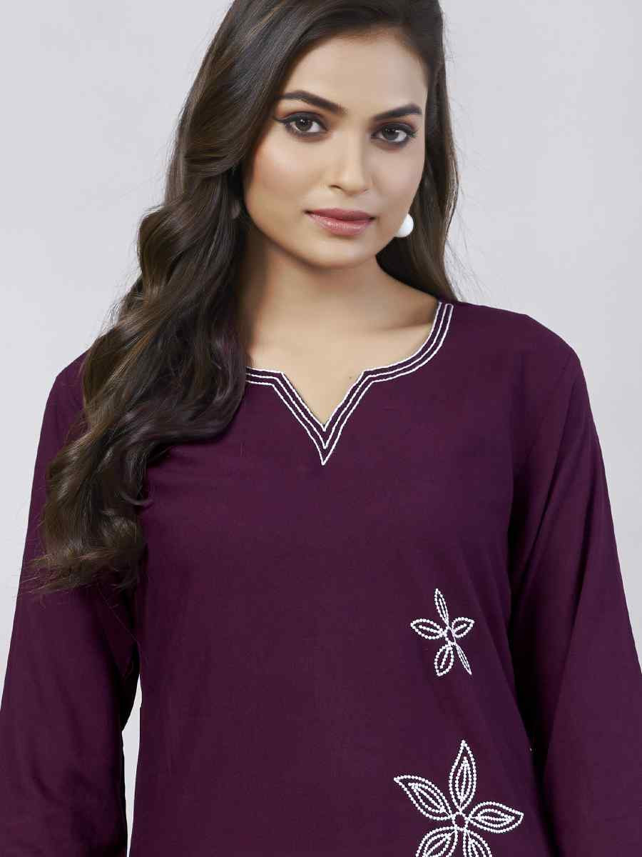 Purple Viscose Rayon Embroidered Festival Casual Kurti