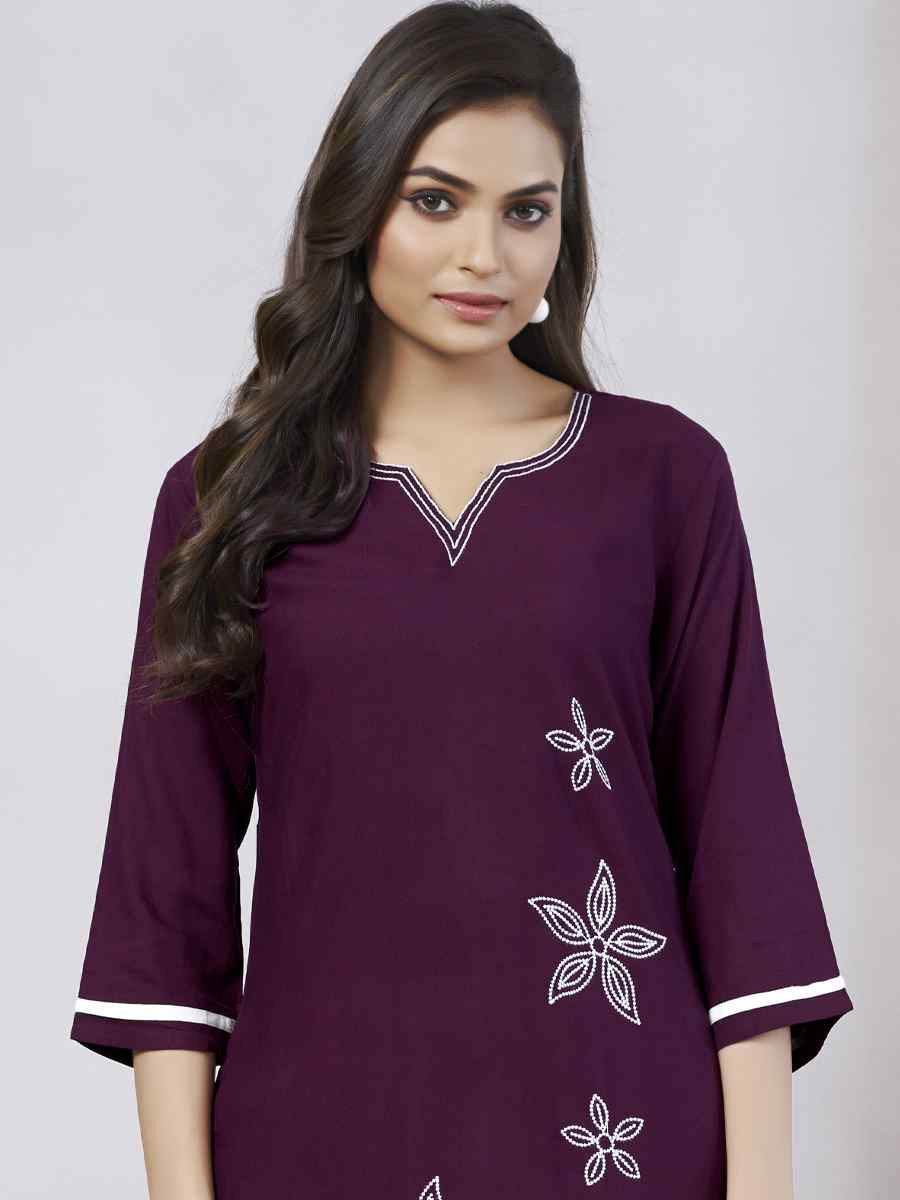 Purple Viscose Rayon Embroidered Festival Casual Kurti