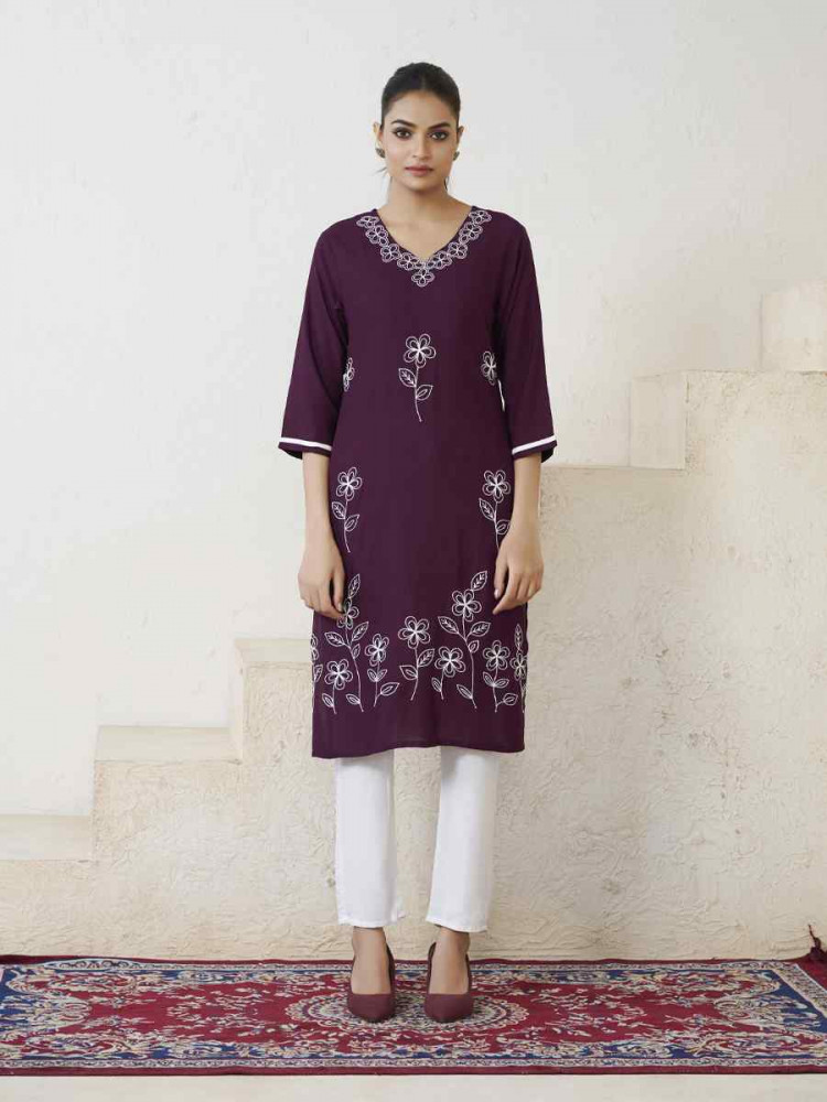 Purple Viscose Rayon Embroidered Festival Casual Kurti