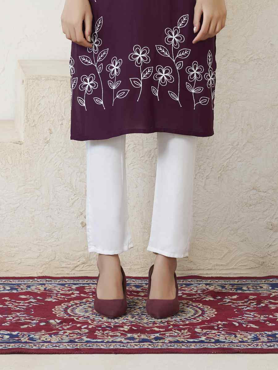 Purple Viscose Rayon Embroidered Festival Casual Kurti