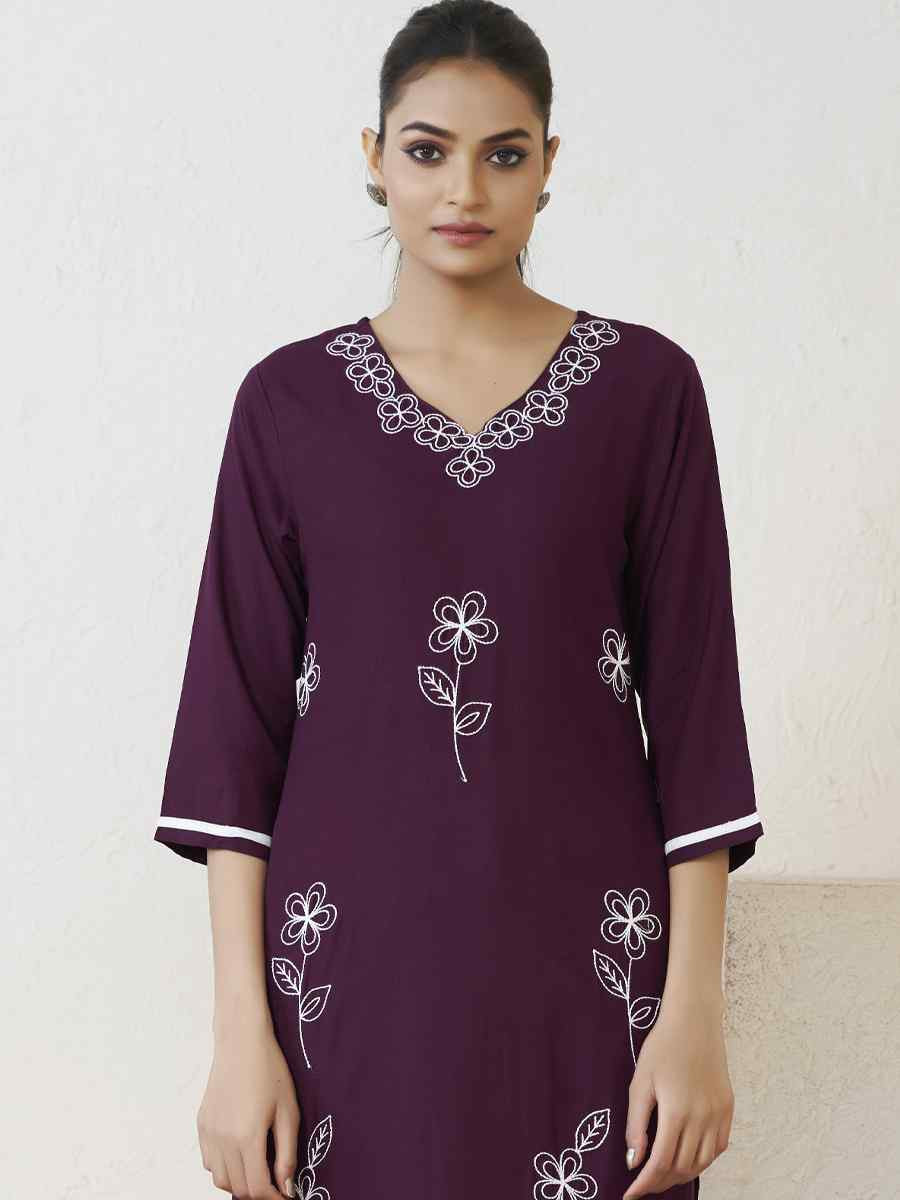 Purple Viscose Rayon Embroidered Festival Casual Kurti