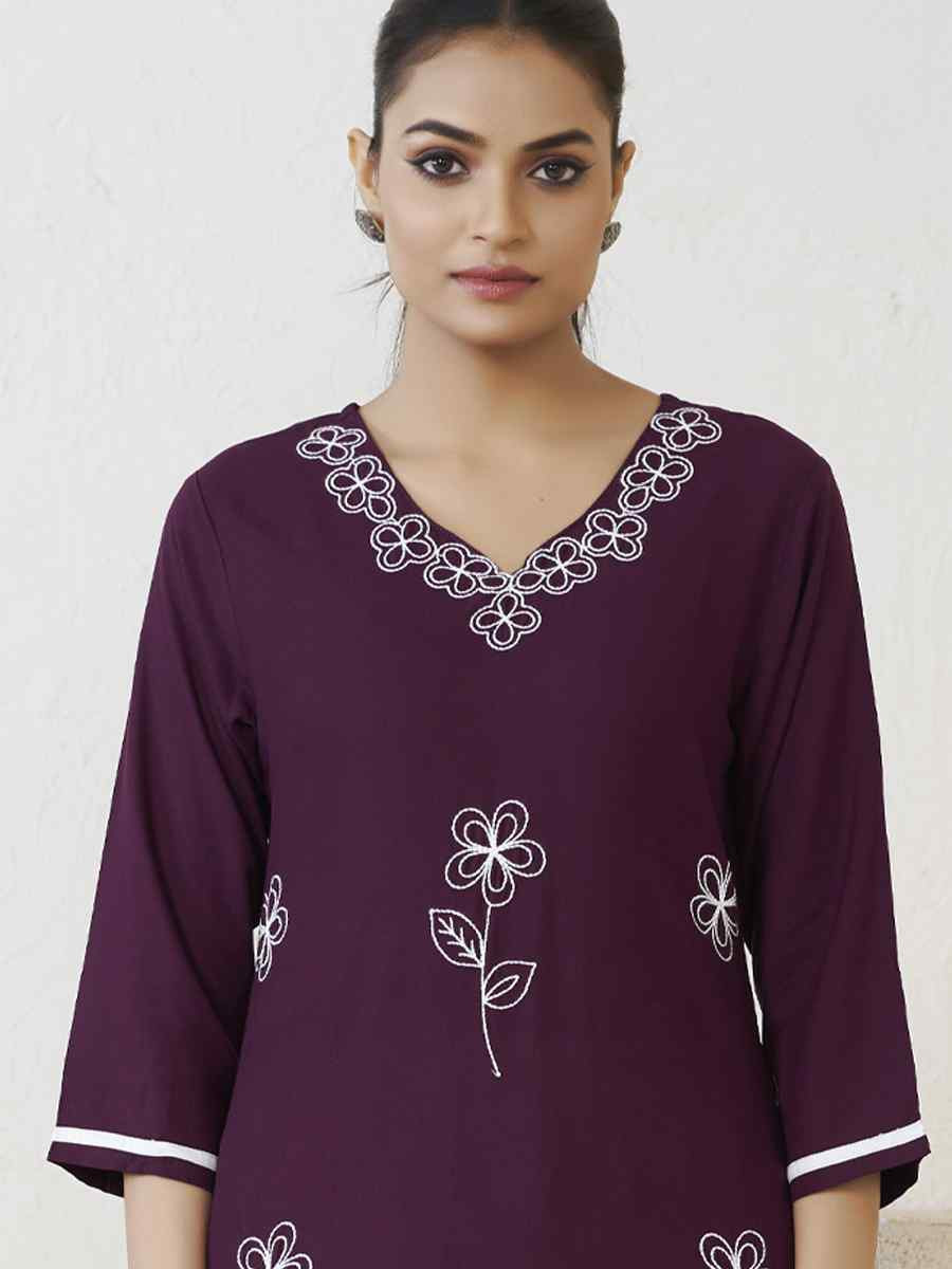 Purple Viscose Rayon Embroidered Festival Casual Kurti