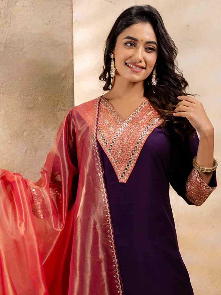 Purple Viscose Rayon Embroidered Festival Casual Ready Pant Salwar Kameez