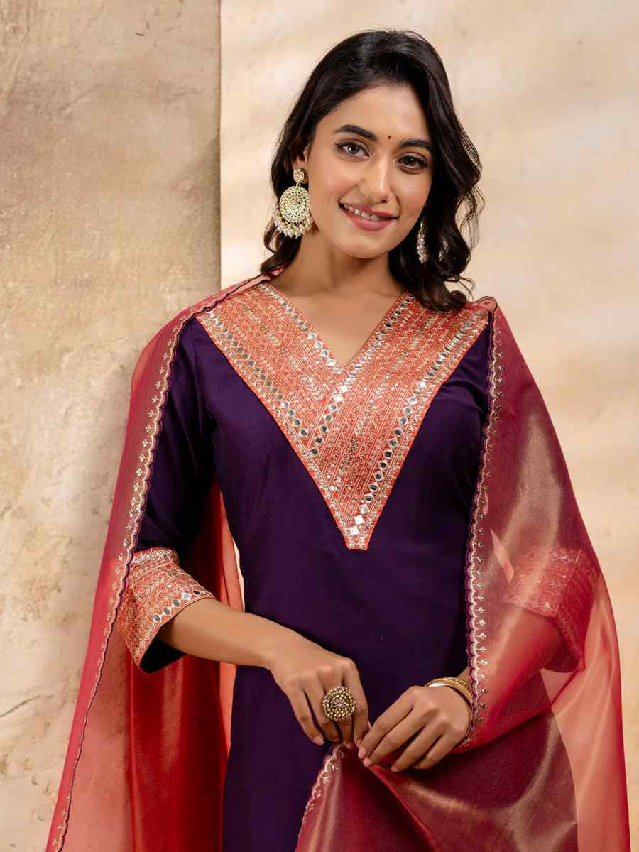 Purple Viscose Rayon Embroidered Festival Casual Ready Pant Salwar Kameez