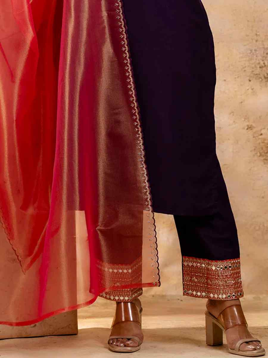 Purple Viscose Rayon Embroidered Festival Casual Ready Pant Salwar Kameez