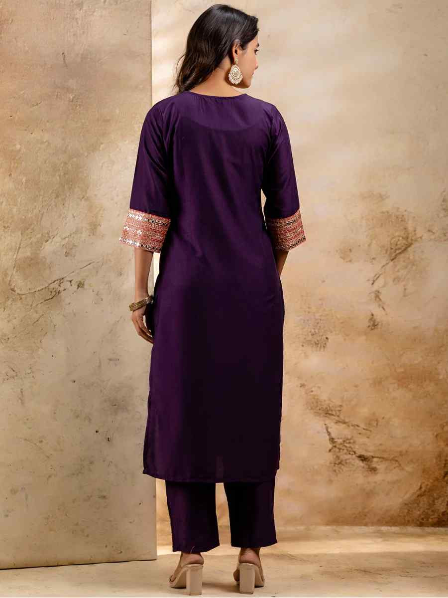 Purple Viscose Rayon Embroidered Festival Casual Ready Pant Salwar Kameez