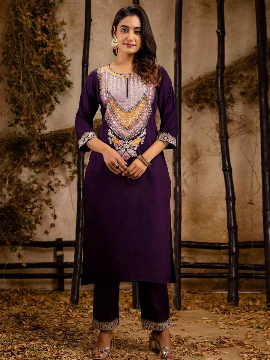 Purple Viscose Rayon Embroidered Festival Casual Ready Pant Salwar Kameez