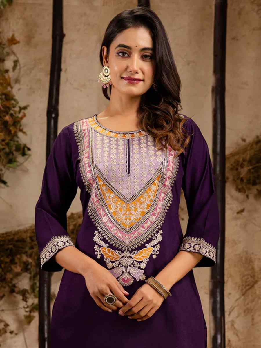 Purple Viscose Rayon Embroidered Festival Casual Ready Pant Salwar Kameez