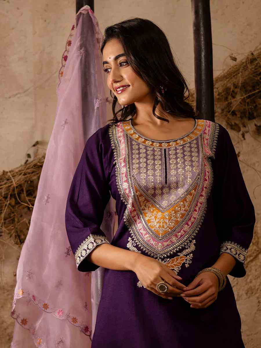 Purple Viscose Rayon Embroidered Festival Casual Ready Pant Salwar Kameez