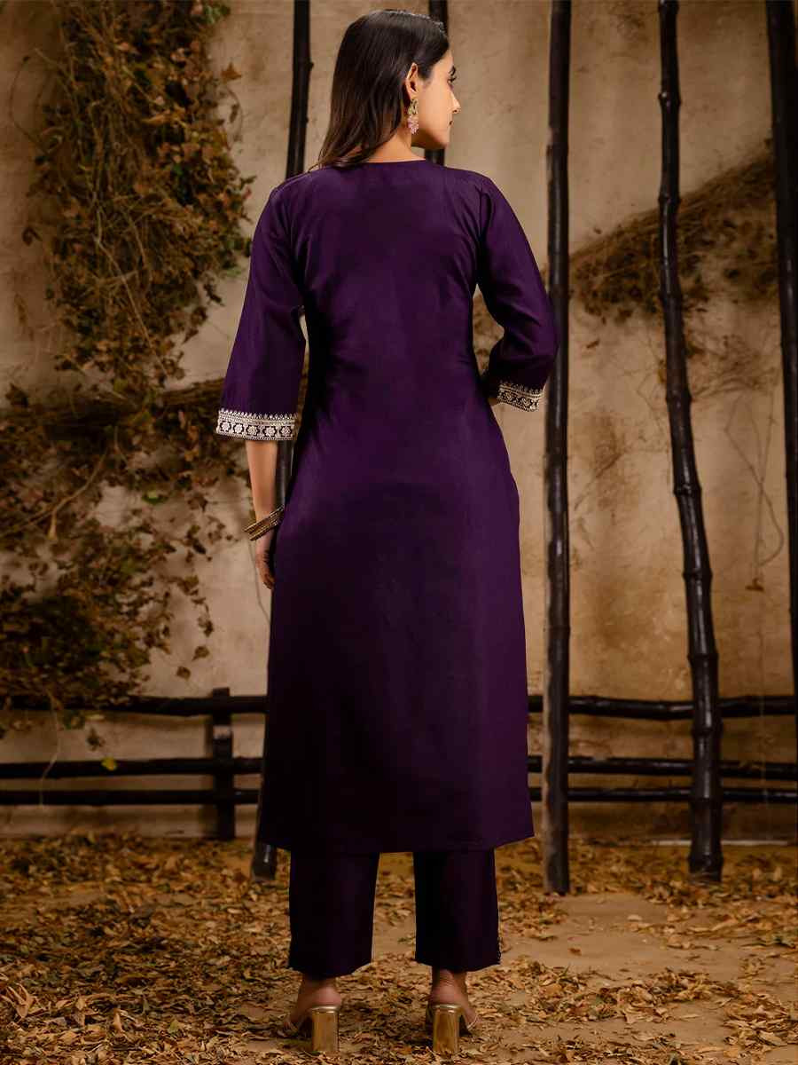 Purple Viscose Rayon Embroidered Festival Casual Ready Pant Salwar Kameez