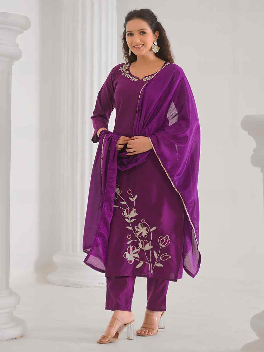 Purple Viscose Rayon Embroidered Festival Casual Ready Pant Salwar Kameez