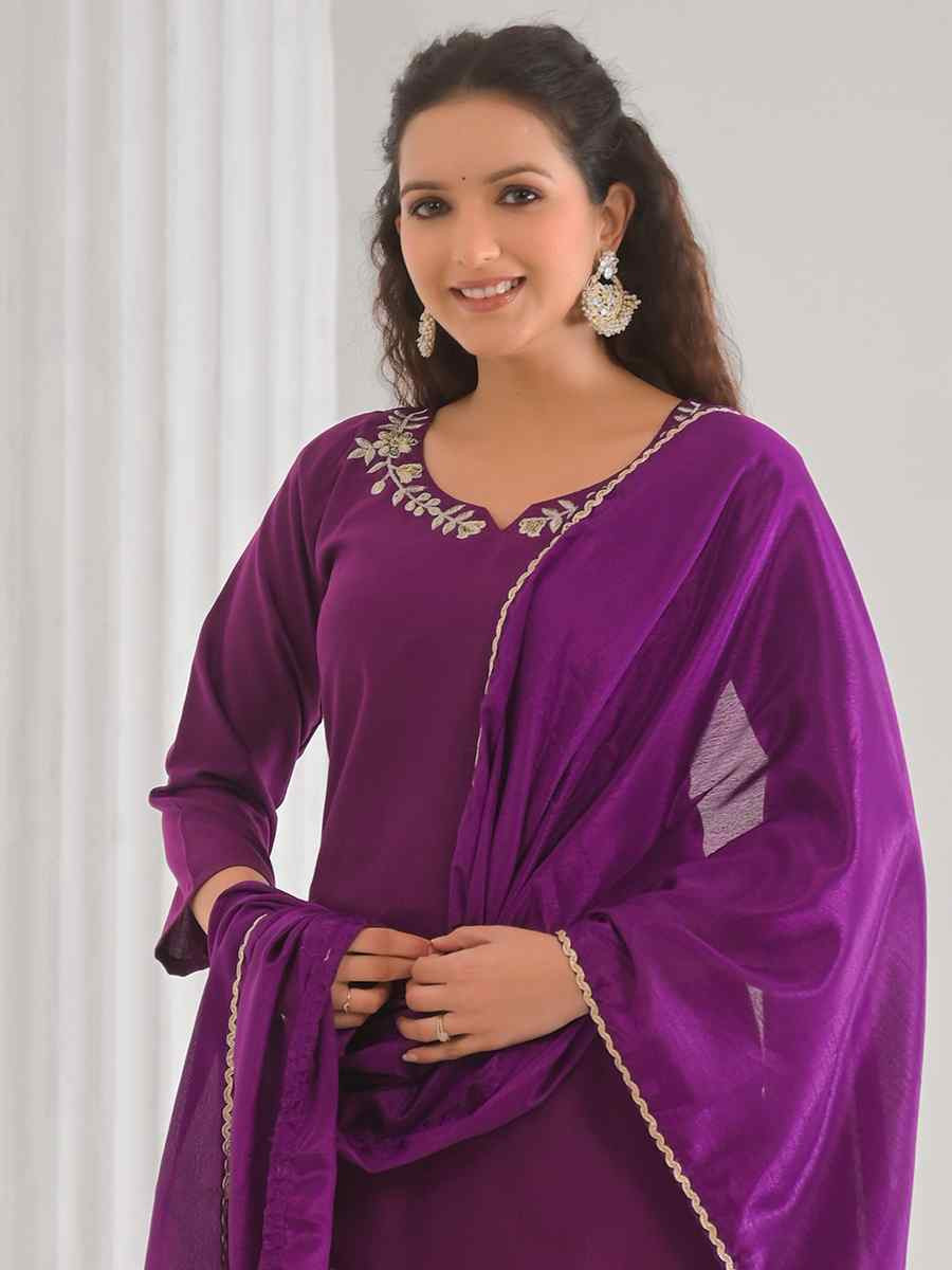 Purple Viscose Rayon Embroidered Festival Casual Ready Pant Salwar Kameez