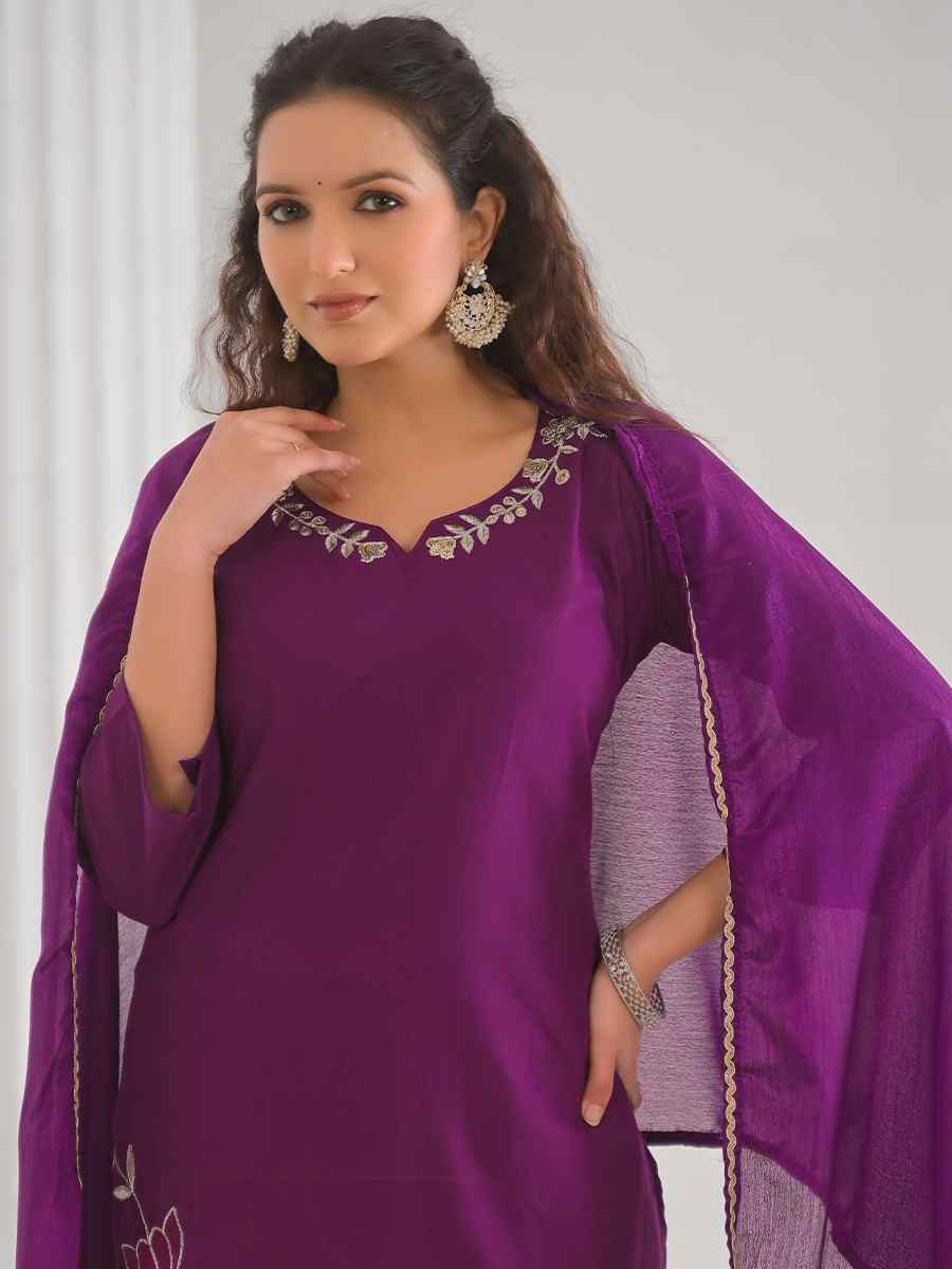 Purple Viscose Rayon Embroidered Festival Casual Ready Pant Salwar Kameez