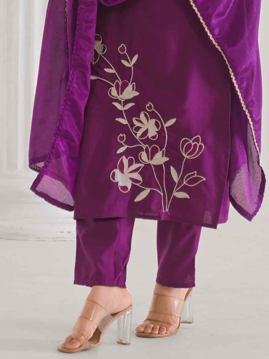Purple Viscose Rayon Embroidered Festival Casual Ready Pant Salwar Kameez