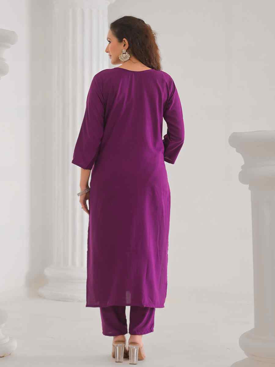 Purple Viscose Rayon Embroidered Festival Casual Ready Pant Salwar Kameez