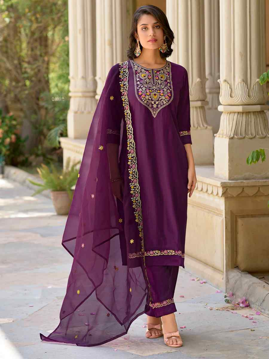 Purple Viscose Rayon Embroidered Party Casual Ready Pant Salwar Kameez