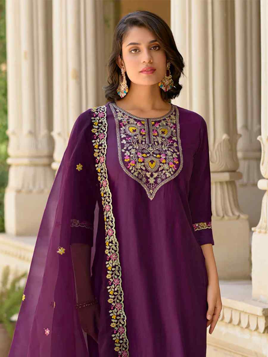 Purple Viscose Rayon Embroidered Party Casual Ready Pant Salwar Kameez