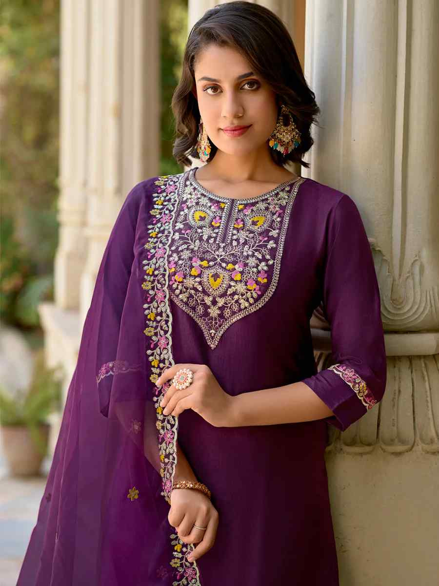 Purple Viscose Rayon Embroidered Party Casual Ready Pant Salwar Kameez
