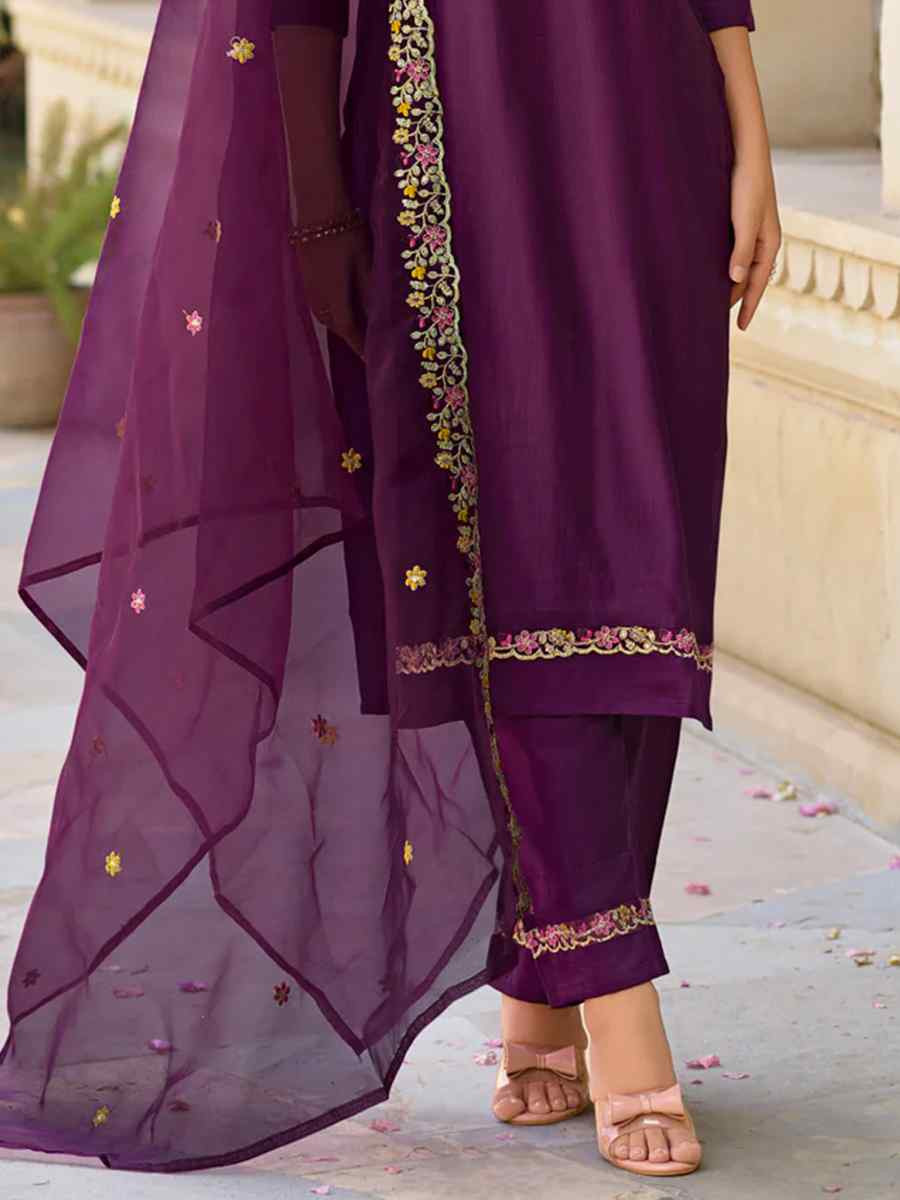 Purple Viscose Rayon Embroidered Party Casual Ready Pant Salwar Kameez