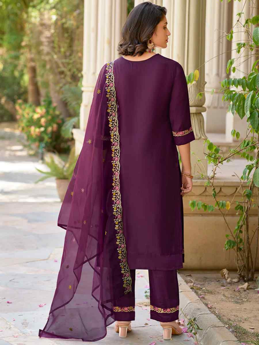 Purple Viscose Rayon Embroidered Party Casual Ready Pant Salwar Kameez