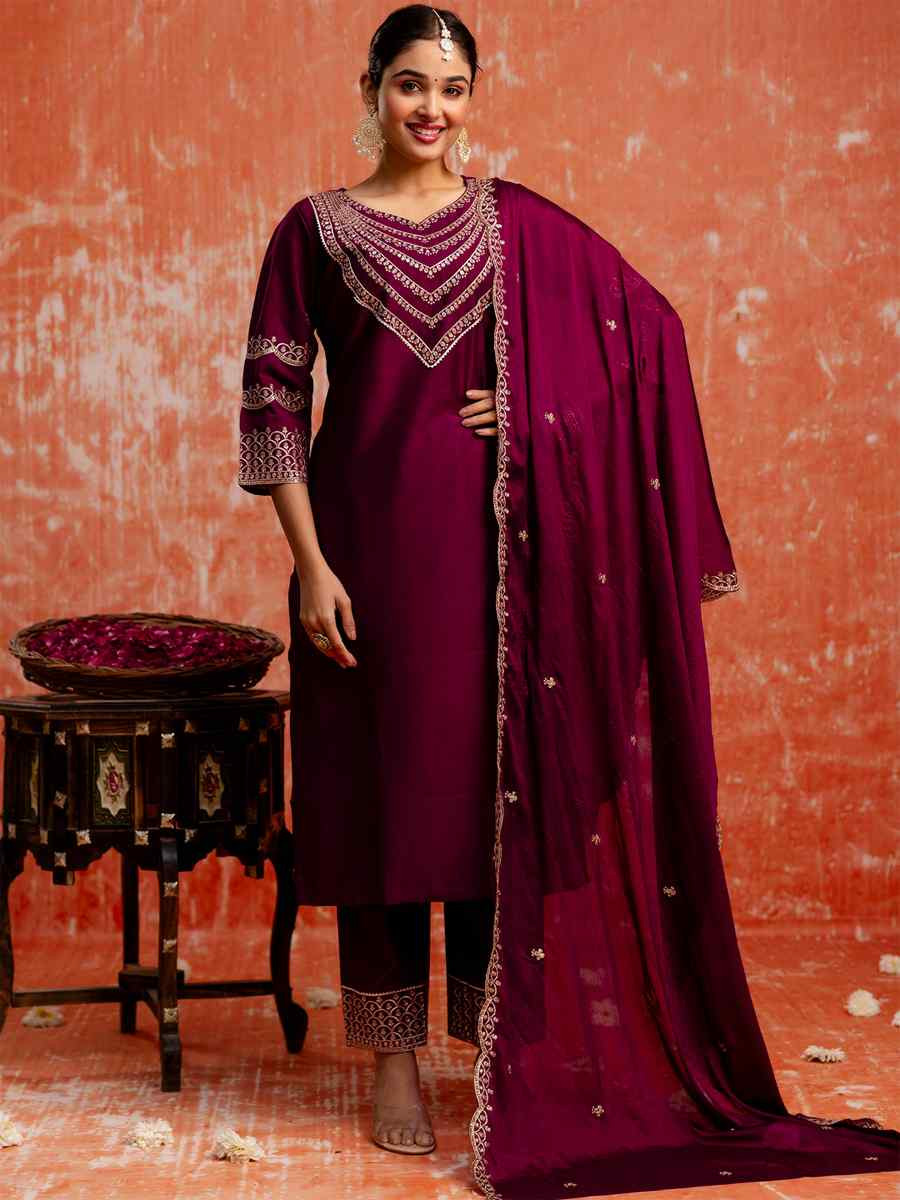 Purple Viscose Rayon Embroidered Party Wedding Ready Pant Salwar Kameez
