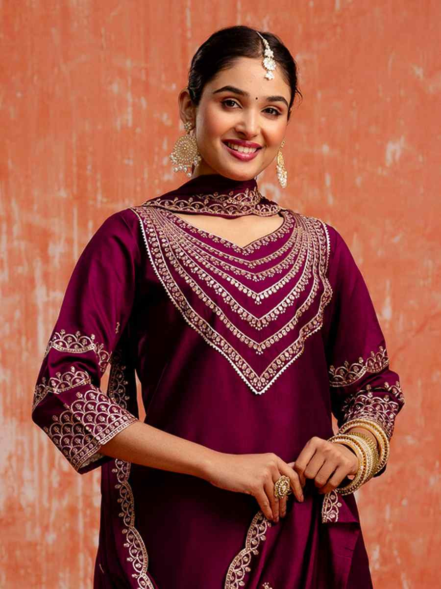 Purple Viscose Rayon Embroidered Party Wedding Ready Pant Salwar Kameez